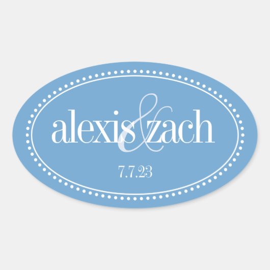 Monogram Label, Blauw, Caroline Wedding Ovale Sticker (Voorkant)