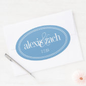 Monogram Label, Blauw, Caroline Wedding Ovale Sticker (Envelop)