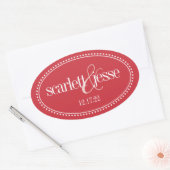 Monogram Label, Rood, Caroline Wedding Ovale Sticker (Envelop)