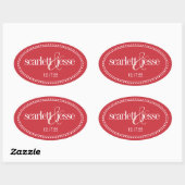 Monogram Label, Rood, Caroline Wedding Ovale Sticker (Vel)