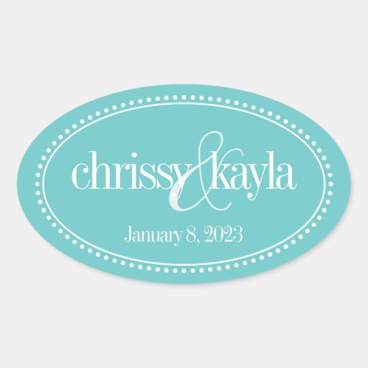 Monogram Label, Turquoise, Caroline Wedding Ovale Sticker (Voorkant)