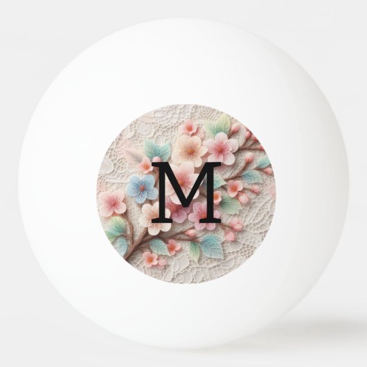 Monogram lace floral pink pastel cherry blossom  pingpongbal (Voorkant)