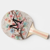 Monogram lace floral pink pastel cherry blossom  tafeltennisbatje (Zijkant)