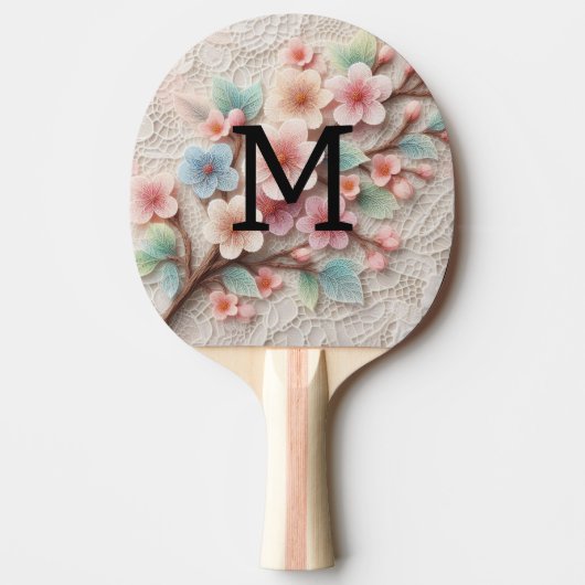 Monogram lace floral pink pastel cherry blossom  tafeltennisbatje (Voorkant)