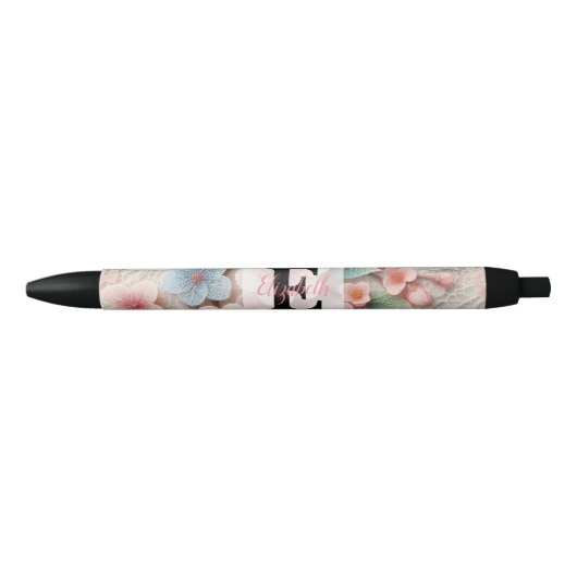 Monogram lace floral pink pastel cherry blossom  zwarte inkt pen (Voorkant)