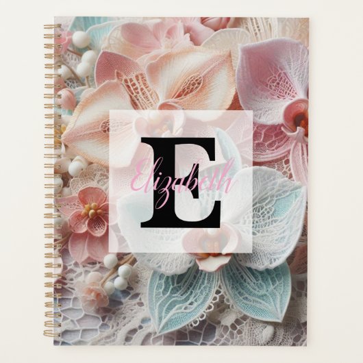 Monogram lace floral pink pastel orchid flowers planner (Voorkant)