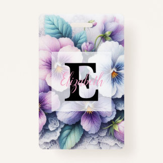 Monogram lace floral pink purple pansies flowers  badge