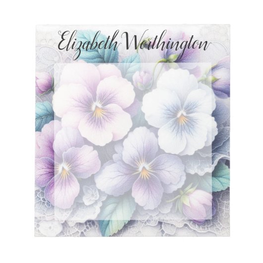 Monogram lace floral pink purple pansies flowers  notitieblok (Voorkant)