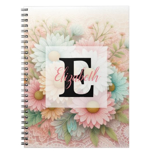 Monogram lace floral pink white blue daisies  notitieboek (Voorkant)