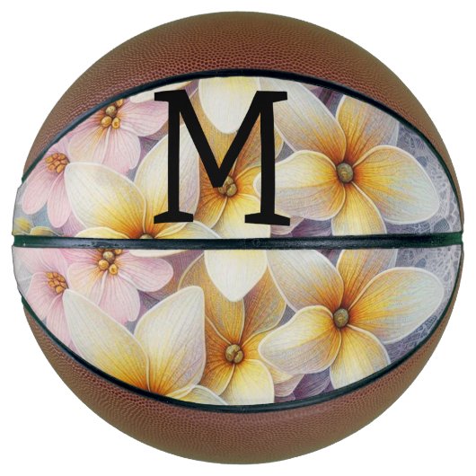 Monogram lace pink and yellow Spring flowers Basketbal (Voorkant)