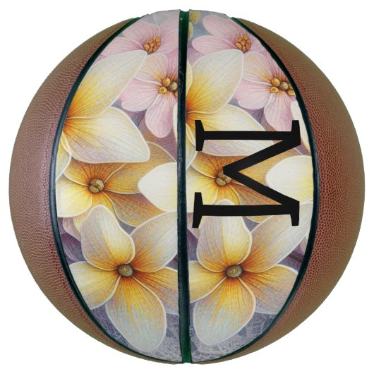 Monogram lace pink and yellow Spring flowers  Basketbal (Verticaal)