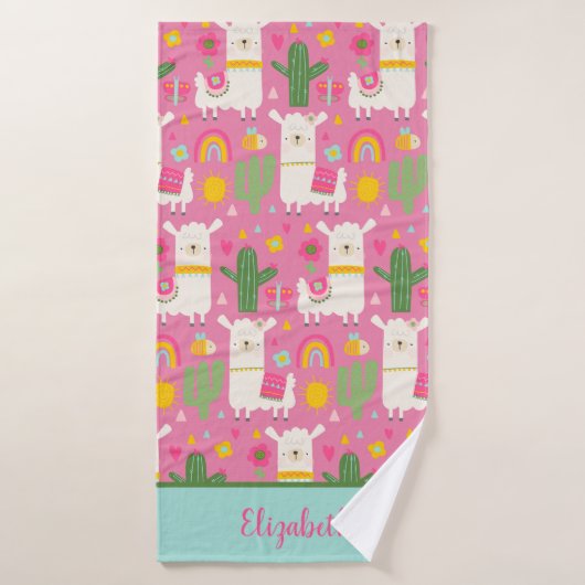 Monogram Lama's Regenbogen Groene Cactus Roze Meis Bad Handdoek (Badhanddoek)
