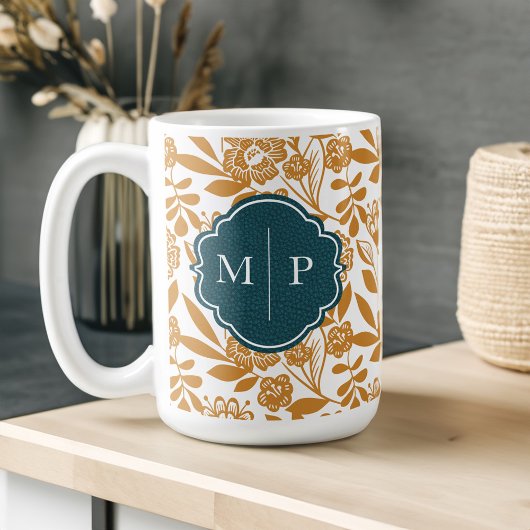 Monogram Land Stijl Vet Bloemen Patroon Geel Koffiemok