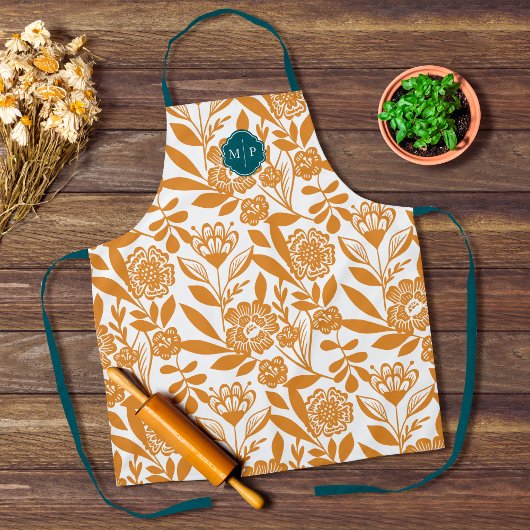 Monogram Land Stijl Vet Bloemen Patroon Geel Schort