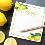Monogram landcitroenen waterverf strepen notitieblok<br><div class="desc">Verenig je om lijsten te maken met dit mooie, kische, eenvoudige, moderne, aangepaste monogram, notitieblok. Verse, rustische, landelijke waterverf citroenen en groene bladeren, samen met grasgroene handgeschreven scripttypografie, bedekken gele instripes op een witte achtergrond. Personaliseer met jouw naam en monogram initiaal. Maakt een stijlvolle verklaring telkens als je het gebruikt....</div>