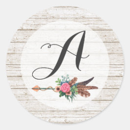 Monogram Landelijke Boheemse Veren Pijl Trouwfeest Ronde Sticker