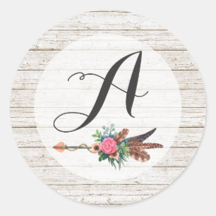 Monogram Landelijke Boheemse Veren Pijl Trouwfeest Ronde Sticker