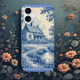 Monogram Landelijke Cottage Franse Toile Blauwe Ro iPhone 16 Hoesje