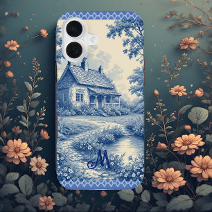 Monogram Landelijke Cottage Franse Toile Blauwe Ro iPhone 16 Hoesje
