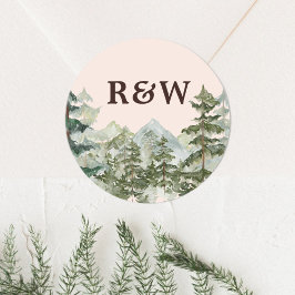 Monogram Landelijke Waterverf Bos Berg Bruiloft Ronde Sticker