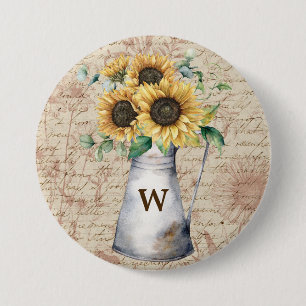 Monogram Landelijke Zonnebloem Vintage Letter Deco Ronde Button 7,6 Cm