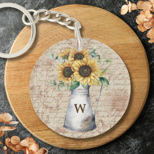 Monogram Landelijke Zonnebloem Vintage Letter Deco Sleutelhanger