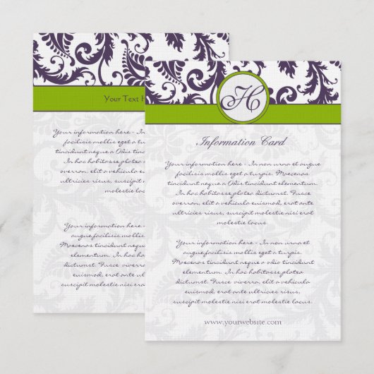 Monogram Lapis Paarse Damask-kaart Informatiekaartje (Voorkant / Achterkant)