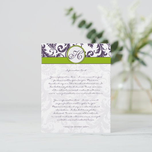Monogram Lapis Paarse Damask-kaart Informatiekaartje (Staand voorkant)