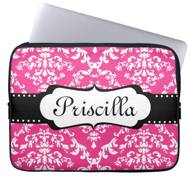 Monogram laptophoes Damask Roze Moderne Koel Laptop Sleeve (Voorkant)