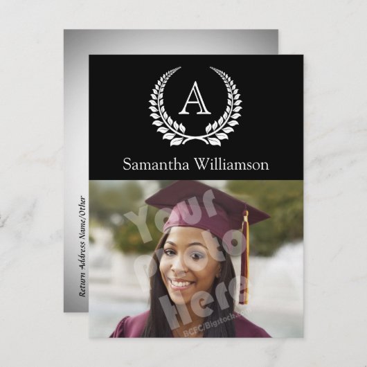 Monogram Laurel Black/White Aankondigingskaart (Voorkant / Achterkant)