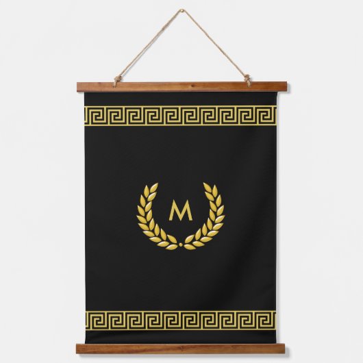 Monogram, Laurel en Golden Greek Pattern op Black Hangend Wandkleed (Voorkant)