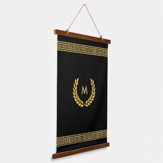 Monogram, Laurel en Golden Greek Pattern op Black Hangend Wandkleed (Gebogen)