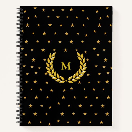 Monogram, Laurel & Golden sterren op Black Notitieboek (Voorkant)