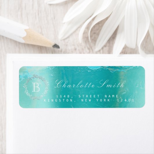 Monogram Laurel krans Ocean Blue Retouradres Etiket (Insitu)