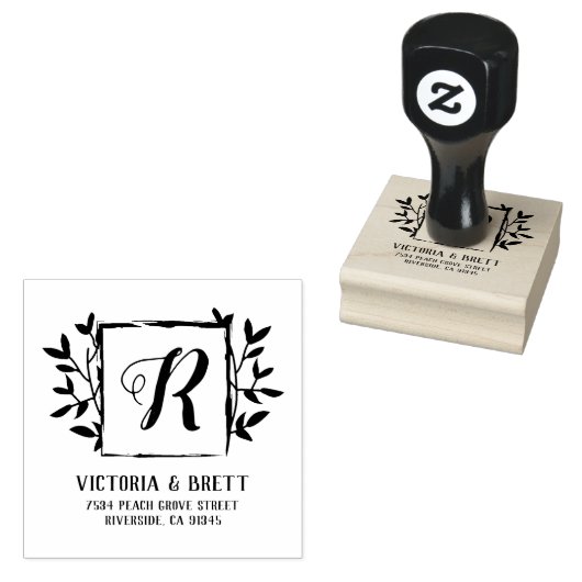 Monogram Laurel Lijst Bruiloft Retouradres Rubberstempel (Gestempeld)