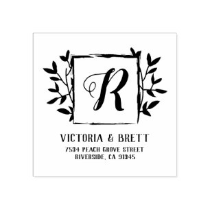 Monogram Laurel Lijst Bruiloft Retouradres Rubberstempel