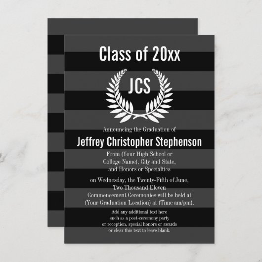 Monogram Laurel Masculine Black Afstuderen Kaart (Voorkant / Achterkant)