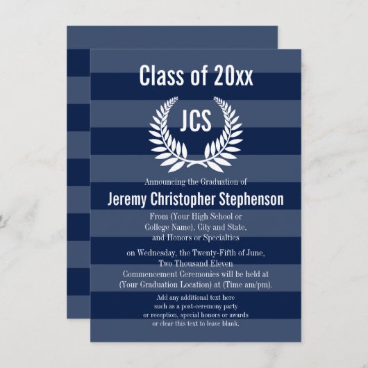 Monogram Laurel Masculine Blue Afstuderen Kaart (Voorkant / Achterkant)