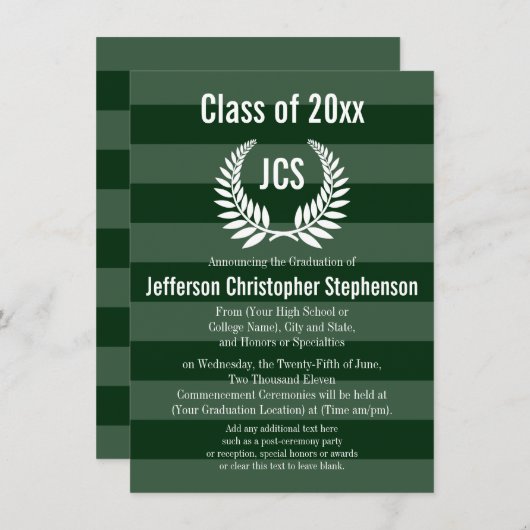 Monogram Laurel Masculine Green Afstuderen Kaart (Voorkant / Achterkant)