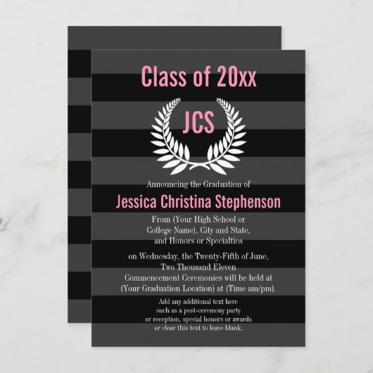 Monogram Laurel Pink College/Aangepast Afstuderen Kaart (Voorkant / Achterkant)