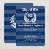 Monogram Laurel Stripe Blue Graduation Party Kaart (Voorkant / Achterkant)