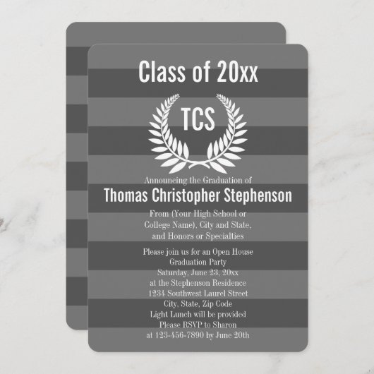 Monogram Laurel Stripe Gray Graduation Party Kaart (Voorkant / Achterkant)