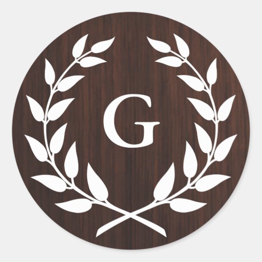 Monogram Laurel Wreath Rustic Wood Pattern Ronde Sticker (Voorkant)