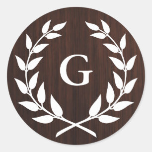 Monogram Laurel Wreath Rustic Wood Pattern Ronde Sticker
