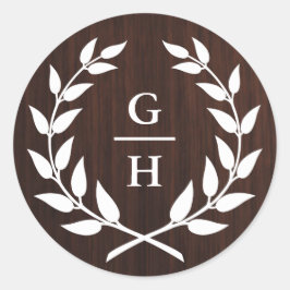 Monogram Laurel Wreath Rustic Wood Pattern Wedding Ronde Sticker