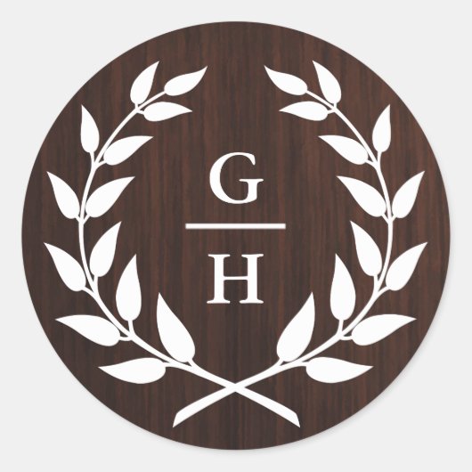 Monogram Laurel Wreath Rustic Wood Pattern Wedding Ronde Sticker (Voorkant)