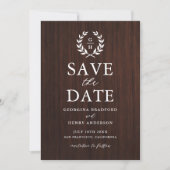 Monogram Laurel Wreath Rustic Wood Save the Date (Voorkant)