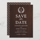 Monogram Laurel Wreath Rustic Wood Save the Date (Voorkant / Achterkant)