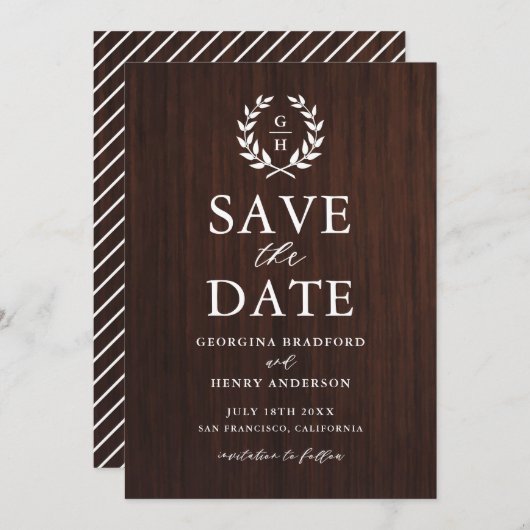 Monogram Laurel Wreath Rustic Wood Save the Date (Voorkant / Achterkant)