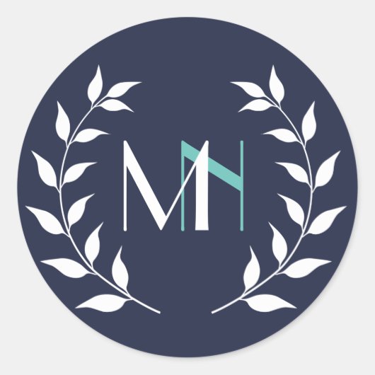 Monogram Lauwerkrans Navyblauw Ronde Sticker (Voorkant)